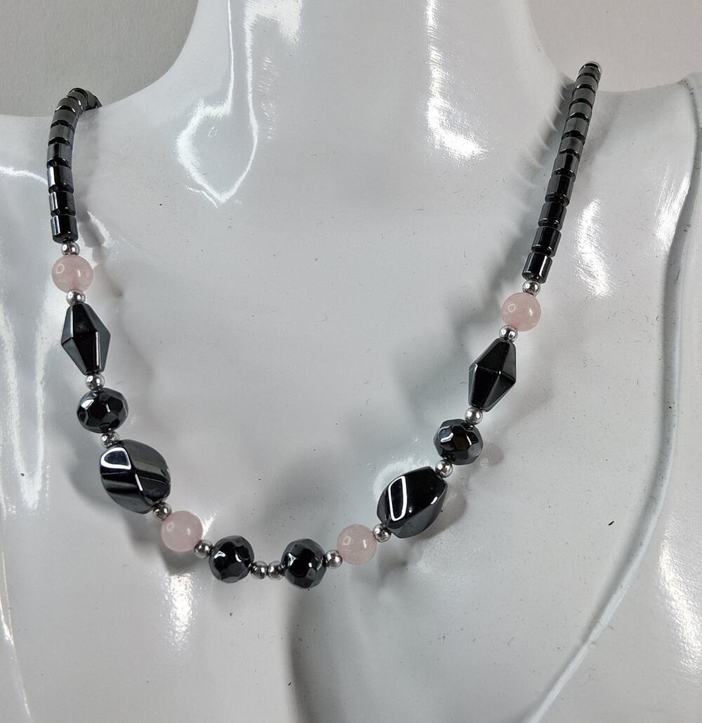 Hematite and Rose Quartz Necklace w/ Barrel Clasp